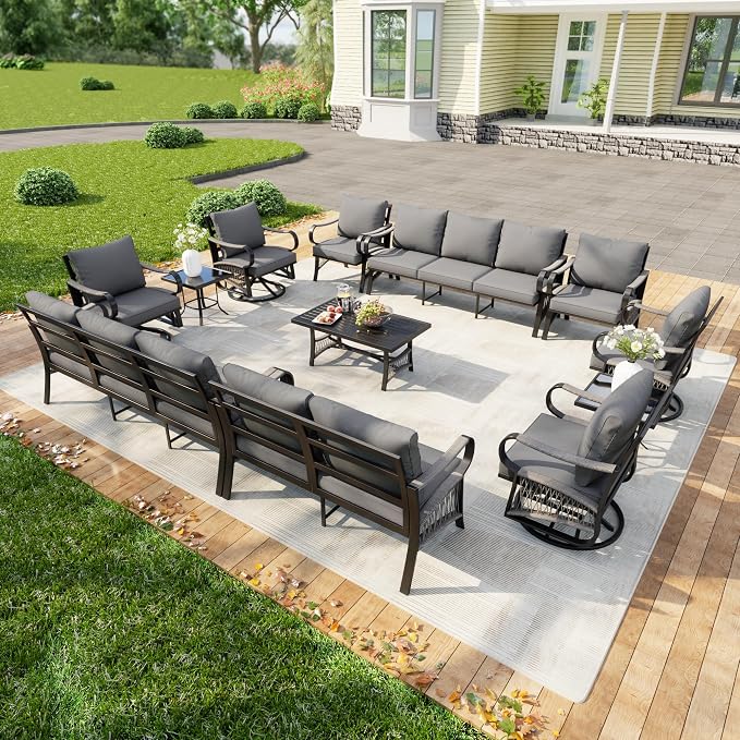 12 Pieces Patio Furniture Set, Metal Outdoor Conversation Sets with Swivel Chairs, Modern Couch Sofa Seating Group with Coffee Table and Side Table (Thick Gray Cushions)