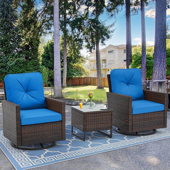 AVAWING 3 Pieces Patio Bistro Set, Wicker Swivel Glider Chairs with Tempered Glass Side Table, Patio Chair Set with Waterproof Blue Cushions for Garden, Balcony and Porch