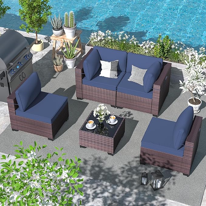 ALAULM 5 Pieces Patio Furniture Set Wicker Patio Conversation Set, Outdoor Sectional Furniture w/Coffee Table & Washable Seat Cushions-Dark Blue