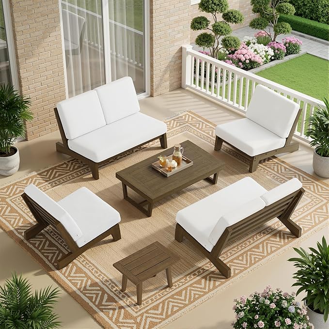 UIXE 6 Pieces All Weather Wood Patio Furniture Sets, 2 Patio Loveseat, 2 Patio Bistro Chair, Outdoor Sectional Sofa Furniture Backyard Conversation Set with Coffee Table - Beige
