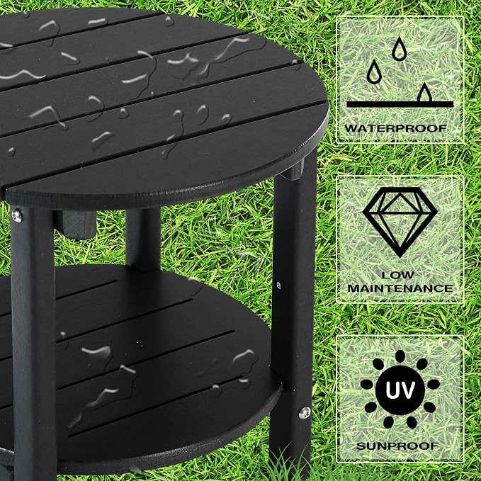 LZRS Round Adirondack Side Table Double End Table, Outdoor Side Tables for Patio, Backyard,Pool, Indoor Companion, Easy Maintenance & Weather Resistant(Black)