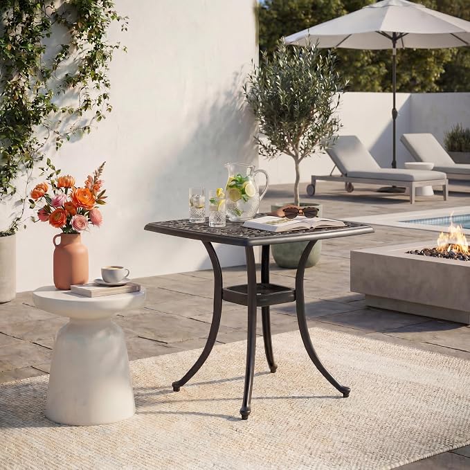 Cast Aluminum Outdoor Side Table, All Weather Metal End Table, Black Small Patio Table for Porch, Garden, Balcony, Black (21" Square Side Table)