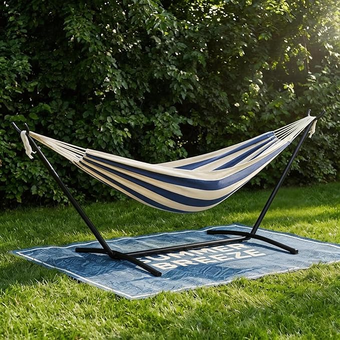 Double Hammock with Steel Stand - 2 Person Hammock Bed Indoor Outdoor, Brazilian-Style, with Carry Bag, 450lb Capacity, Portable & Easy Assembly, Blue&White