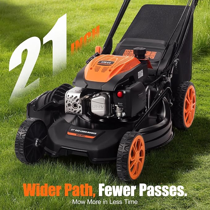 21-Inch Self-Propelled Gas Lawn Mower, 170CC 4-Stroke Engine, 7-Position Height Adjustment, 3-in-1 Mulching, Bagging & Side Discharge, 1.9-Bushel Grass Collector, EPA Compliant