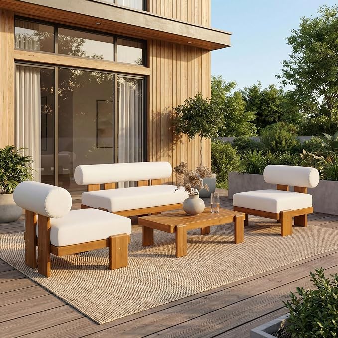 Christopher Knight Home Ahina 4 Pieces Acacia Wood Conversation Set, Loveseat & Accent Chair Chat Set with Cushions, Slat Panel Coffee Table, Patio Furniture Set for Backyard/Balcony, Teak + Beige