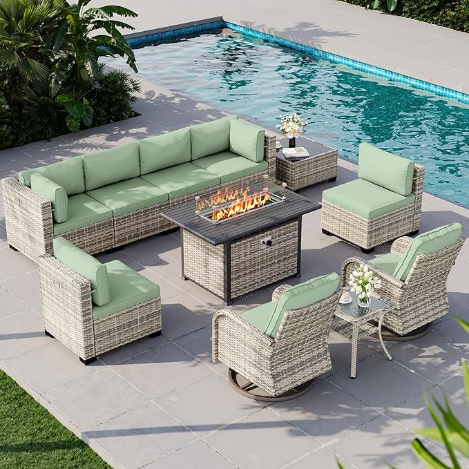 11-Piece Outdoor Patio Furniture Set with Rocking Swivel Chair, Wicker Rattan Sectional Sofa Conversation Set with 55,000 BTU Fire Pit Table, Backyard Furniture, Light Green