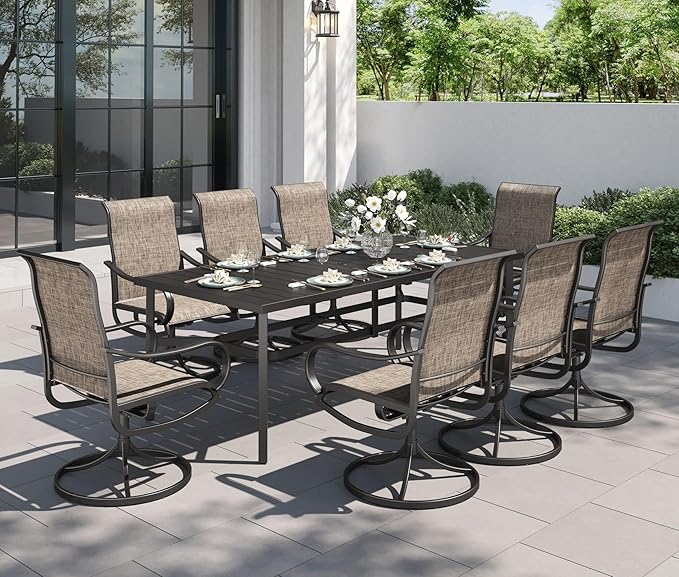 PHI VILLA 9 Piece Patio Table and Chairs Set for 8 Person, 82'' Rectangle Metal Slat Table and 8 Swivel Patio Chairs, All Weather Outdoor Dining Set for Deck Garden Yard (Brown)