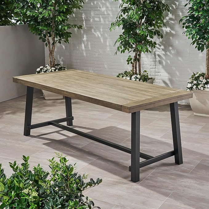 Merax 79" Rectangular Outdoor Dining Table Acacia Wood Tabletop and Black Metal Leg, Modern Industrial Style Patio Dining Table