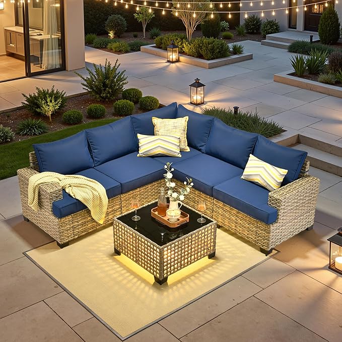 ovios 6 Piece Patio Sectional Furniture, Rattan Wicker Coversation Couch Set, Outdoor Sofa Set for Outside Porch Balcony Backyard Pool,Navy Blue