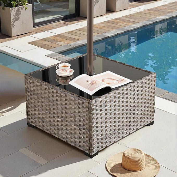 HOOOWOOO Outdoor Patio Side Table with Umbrella Hole,Wicker Coffee End Table Glass Top,Umbrella Table with 1.64" and 2" Hole for Yard,Deck,Porch,Garden(Rectangle Brown)