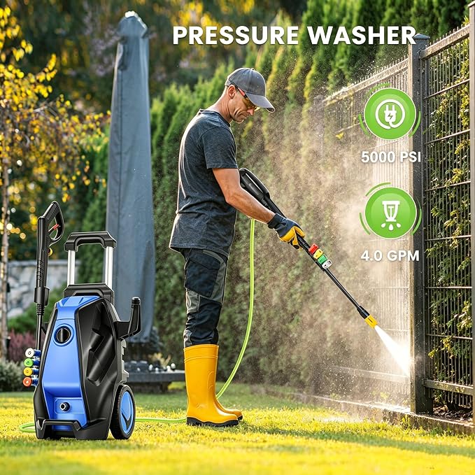 5000 PSI Electric Pressure Washer with 33FT Hose Power Washers Powered Professional High Pressure Cleaner Machine, Foam Cannon, 4 Tips, powerwashers for Home Cars, Blue