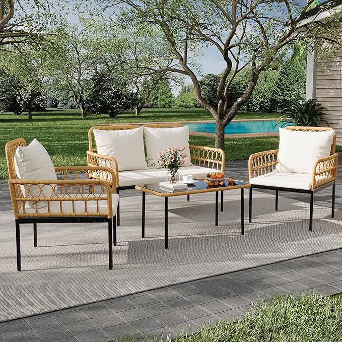 4 Piece Outdoor Patio Furniture Set PE Wicker Loveseat and Chairs with Glass Coffee Table Bohemian Rattan Conversation Set for Patio Garden Balcony