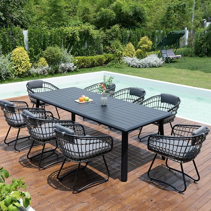 Pellebant 9-piece Outdoor Dining Set for 6-8 - Weather-Resistant Patio Dining Furniture Set, 94" Aluminum Outdoor Table with Umbrella Hole, Wicker Chairs with Cushion for Deck, Porch, Backyard, Gray