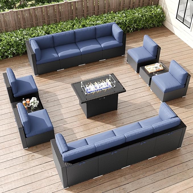 LayinSun 15 Pieces Patio Furniture Set with Fire Pit Table, Black Rattan Modular Sectional Patio Conversation Sofa Set