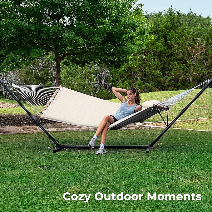 SUPERJARE Hammock with Stand, 2 Person Quilted Outdoor Hammock, Detachable Pillow & Bamboo Spreaders, Portable Hammock with Carrying Bag, Heavy Duty Stand, Perfect for Outside, Patio, Cream Beige