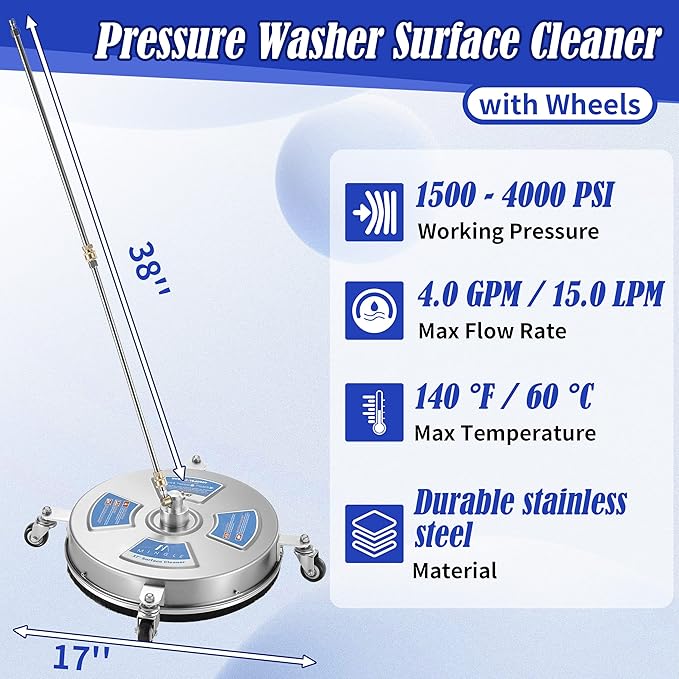 M MINGLE 17'' Pressure Washer Surface Cleaner for Patios and Sidewalks | Driveway Pressure Washer Attachments with 2 Power Washer Replacement Wands, 1/4" Quick Connect, 4000 PSI