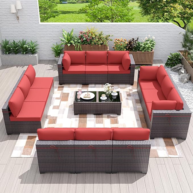 Patio Furniture Set 14-Piece Outdoor Furniture for Backyard Wicker Sectional Sofa Set, PE Rattan Patio Conversation Set 12 Seat with 4 Inch Thickened Cushions and Glass Coffee Tables, Red