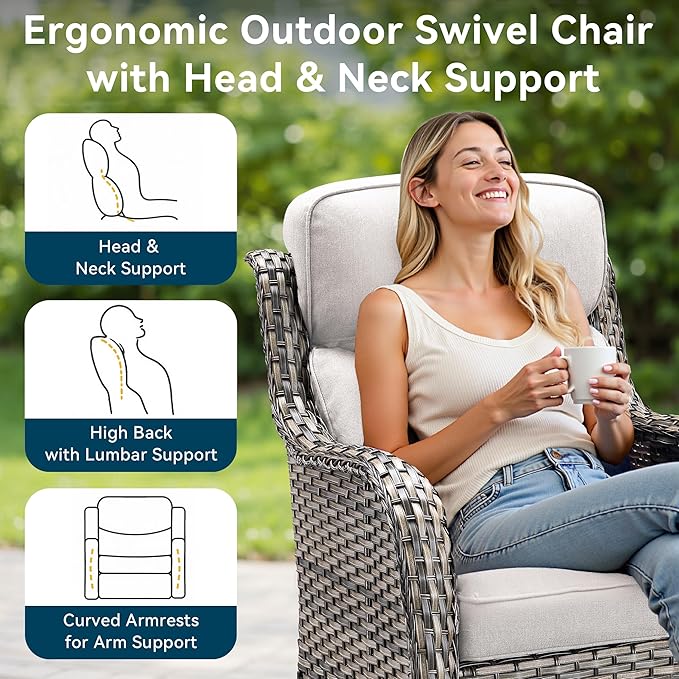 Luxury Outdoor Swivel Rocker Patio Chairs-3 Piece Wicker Patio Rocking Chairs Set of 2 with Glass Side Table 6" Thick Cushions High Back Outdoor Furniture Sets for Deck Porch Balcony(Grey/Beige)