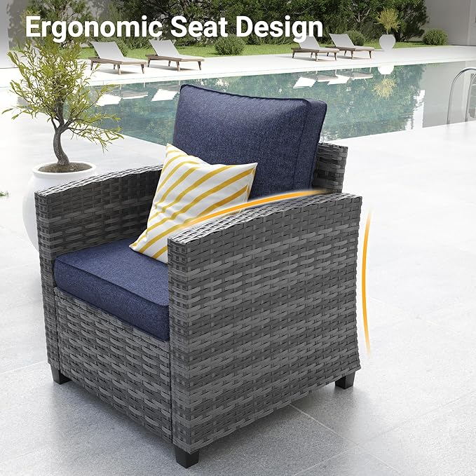 6 Pieces Patio Furniture Set with 44" Gas Fire Pit Table, Outdoor Wicker Rattan Sofa w/Gas Fire Pit, All-Weather Sectional Conversation Sets, Ottoman, Thick Cushion Navy Blue