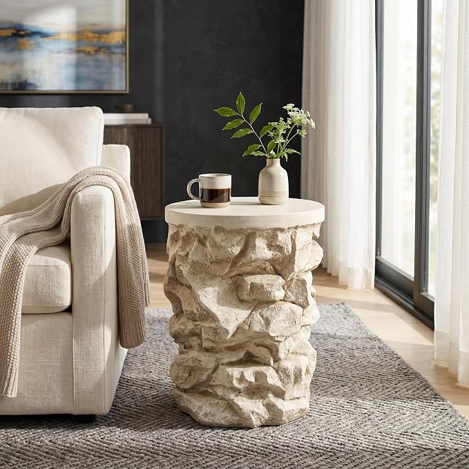 Round Outdoor Concrete Side Table, Cylinder Patio End Table, Faux Stacked Stone Accent Table with Wave for Indoor Outdoor, Garden Stool Coffee Table for Patio, Garden, Backyard - 16.42" Beige MgO