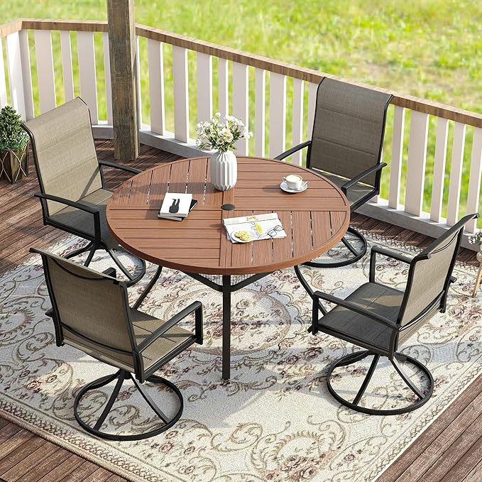VICLLAX Patio Dining Set for 4, 4 Seats Outdoor Furniture Includes 40.7" Round Patio Table and Swivel Padded Chairs, Walnut Tabletop and Mixed Brown Fabric