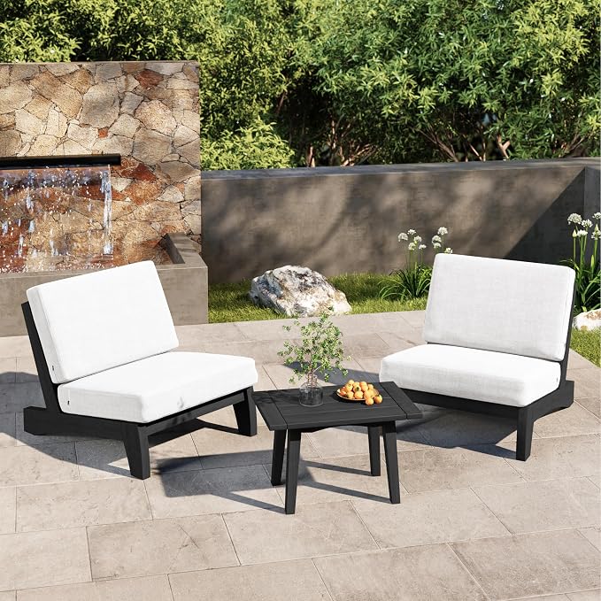 2 Piece Dark Wood Patio Chairs Outdoor Bistro Chair, All Weather Outdoor Furniture Patio Sofa Backyard Seating Group Conversation Sets with Beige Cushions