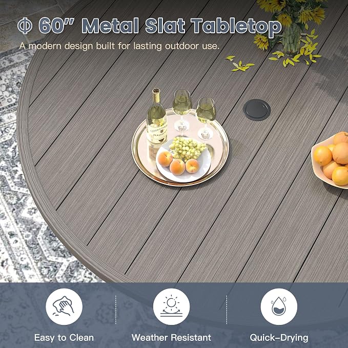 VICLLAX 60" Outdoor Round Patio Dining Table for 8-10, All Weather Metal Dining Table with Umbrella Hole for Deck Lawn Garden Backyard, Grey