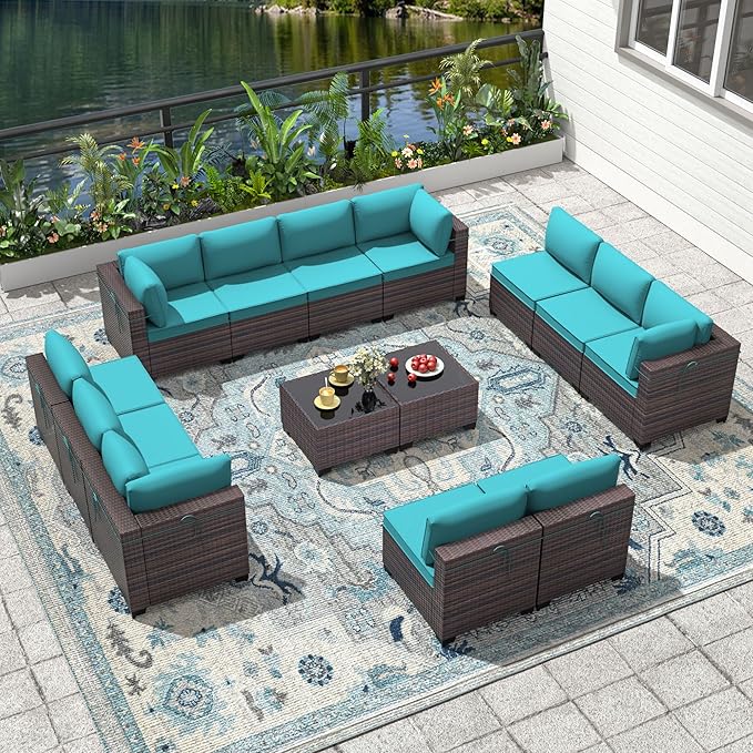 14 Pieces Outdoor Patio Furniture Set,Outdoor Sectional Furniture All Weather PE Rattan Wicker Patio Conversation Set with 2 Coffee Tables and 12 Thickened Cushions,Turquoise Blue