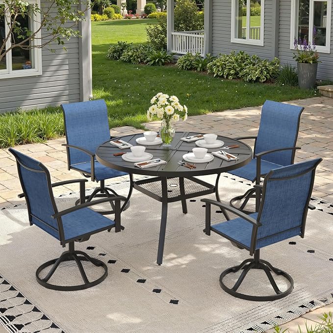 5 Pieces Round Outdoor Table and Chairs Set, Patio Dining Set with 40.6" Round Spliced Outdoor Table and Patio Swivel Chairs for Backyard Lawn Garden, Black Table and Dark Blue Chairs