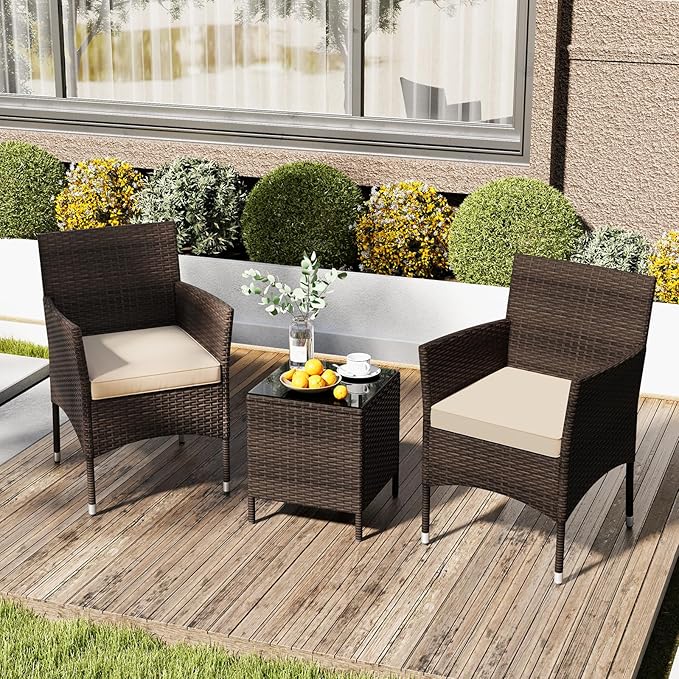 RELAX4LIFE 3-Piece Patio Furniture Set - Rattan Wicker Outdoor Conversation Set w/Cushions & Glass Coffee Table, Balcony Furniture for Porch Garden Backyard, Bistro Table and Chairs Set of 2 (Beige)