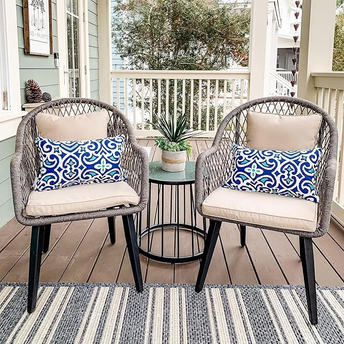 PHI VILLA 3-Piece Patio Conversation Bistro Chat Set All-Weather Wicker Outdoor Furniture for Small Patio, Porch, Balcony w/ 2 Wide Ergonomic Chairs, Glass Top Side Table (Grey)