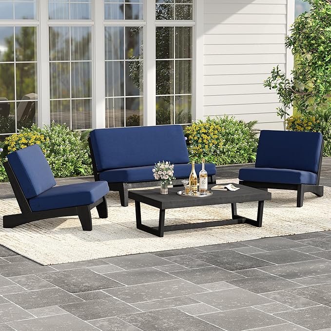 UIXE Black Wood Patio Furniture Sets, 4 Pieces All Weather Outdoor Sectional Futniture Patio Sofa Chair Backyard Conversation Set with Solid Wooden Coffee Table - Navy Blue