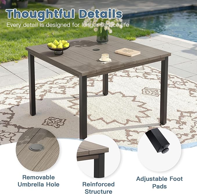 DIFY 5 Piece Outdoor Patio Dining Set for 4, 40.2" Grey Wood-Like Square Metal Dining Table and Swivel Patio Chairs with Grey Padded Textilene, All-Weather Outdoor Furniture Set for Garden Backyard