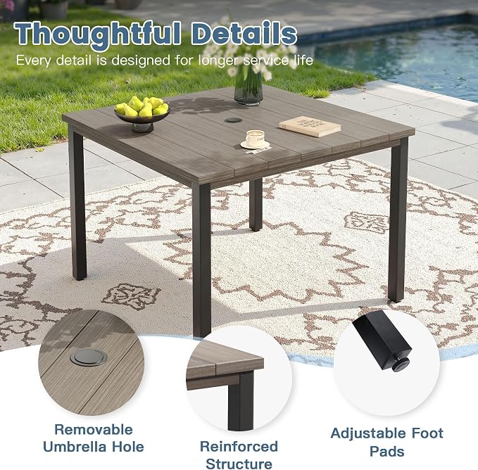 DIFY 5 Piece Outdoor Patio Dining Set for 4, 40.2" Grey Wood-Like Square Metal Dining Table & Swivel Patio Chairs with Sandshell Padded Textilene, All-Weather Outdoor Furniture Set for Garden Backyard