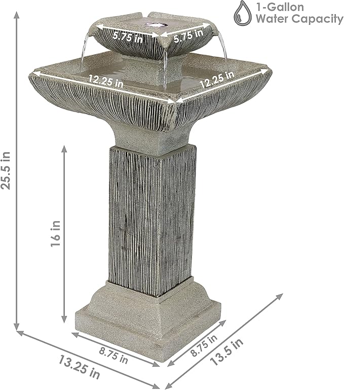 Sunnydaze 25-Inch Square 2-Tier Outdoor Bird Bath Water Fountain - LED Lights - Electric Submersible Pump with Adjustable Flow