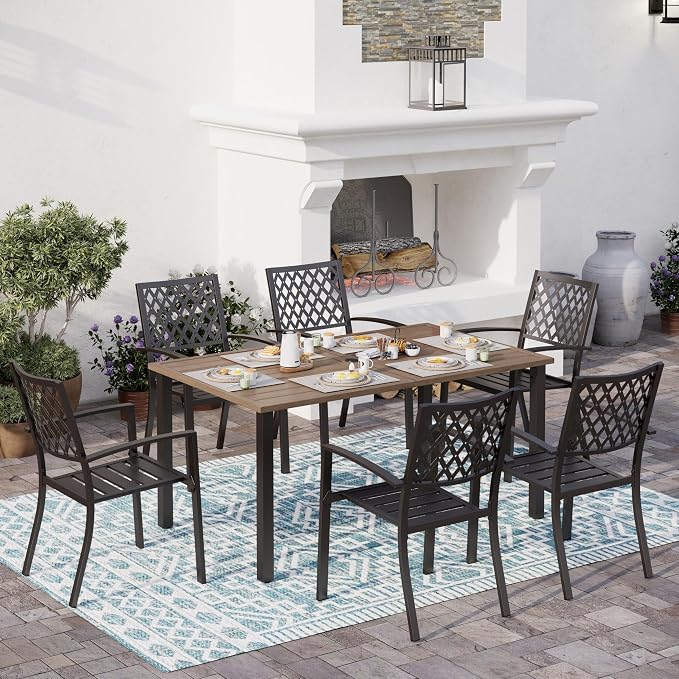 SUNSHINE VALLEY Patio Dining Set,Wood-Like Metal Table w/Umbrella Hole | 60x36 Metal Table&6 Pcs Rust-Proof Stackable Chairs, Outdoor Table and Chairs Set for Backyard Garden Deck