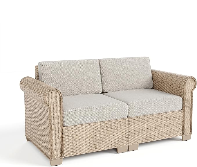 Patio Rattan loveseat, 2-Seat Wicker Rattan Sofa with 5.5" Thick Waterproof Cushions, All Weather Outdoor Conversation Set for Lawn Backyard Garden and Deck, Beige