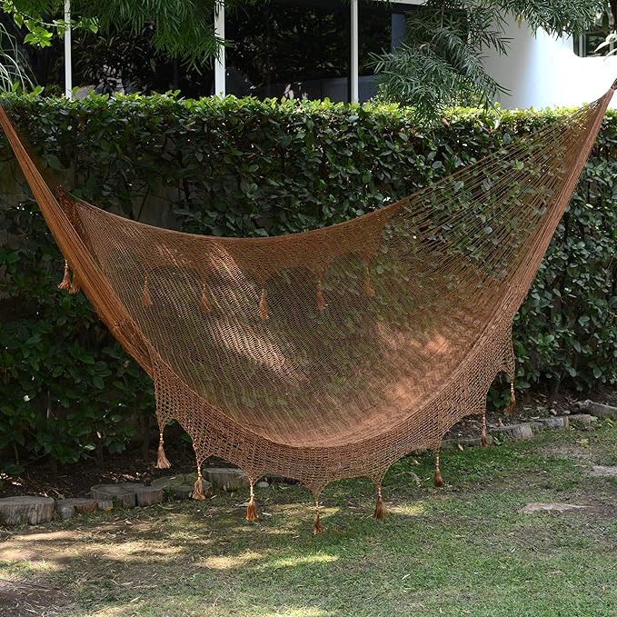 NOVICA Copper Brown Hand Woven Nylon Mayan 2 Person XL Rope Hammock with Crochet Fringe, 'Copper Filigree' (Double)
