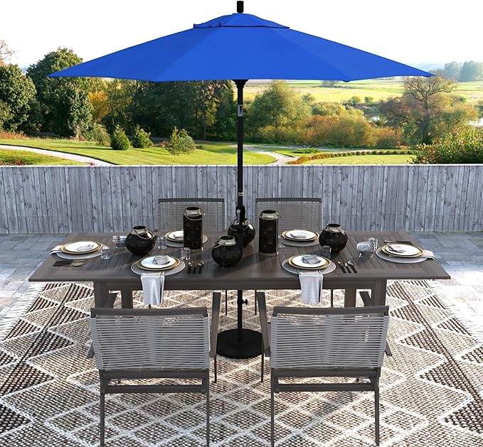 California Umbrella 9' Round Aluminum Market Umbrella, Crank Lift, Push Button Tilt, Black Pole, Royal Blue Olefin