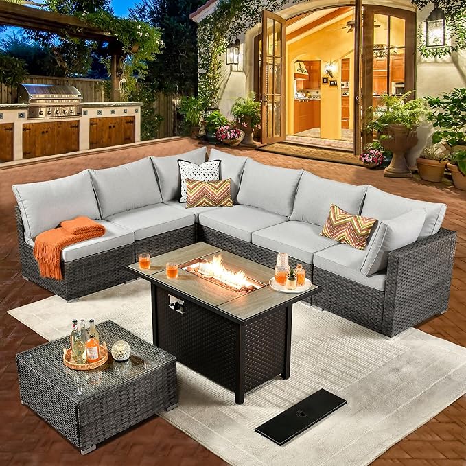 ovios Outdoor 8 Piece Patio Furniture Set with Fire Pit Table,Conversation Sectional Wicker Couch with Coffee Table,Modern Outside Sofa for Balcony Backyard, Grey
