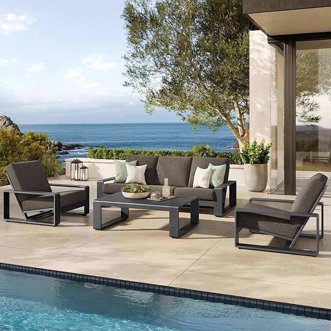 Modway Lirienne Aluminum 4-Piece Outdoor Furniture Set in Smoke – Patio Conversation Set with 3-Seater Sofa, 2 Armchairs & Coffee Table