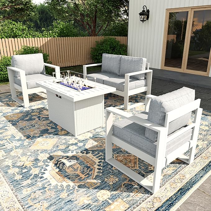 4 Piece Modern Aluminum Patio Furniture Set with Fire Pit Table, Outdoor Patio Sectional Conversation Metal Seating Sets with Olefin Cushion