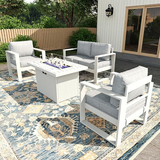 4 Piece Modern Aluminum Patio Furniture Set with Fire Pit Table, Outdoor Patio Sectional Conversation Metal Seating Sets with Olefin Cushion