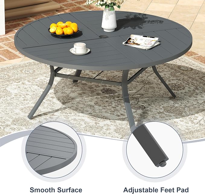 VICLLAX 63" Round Patio Dining Table for 8-10, All Weather Metal Outdoor Table with 1.57" Umbrella Hole and Surdy Frame for Garden Lawn Deck, Dark Grey