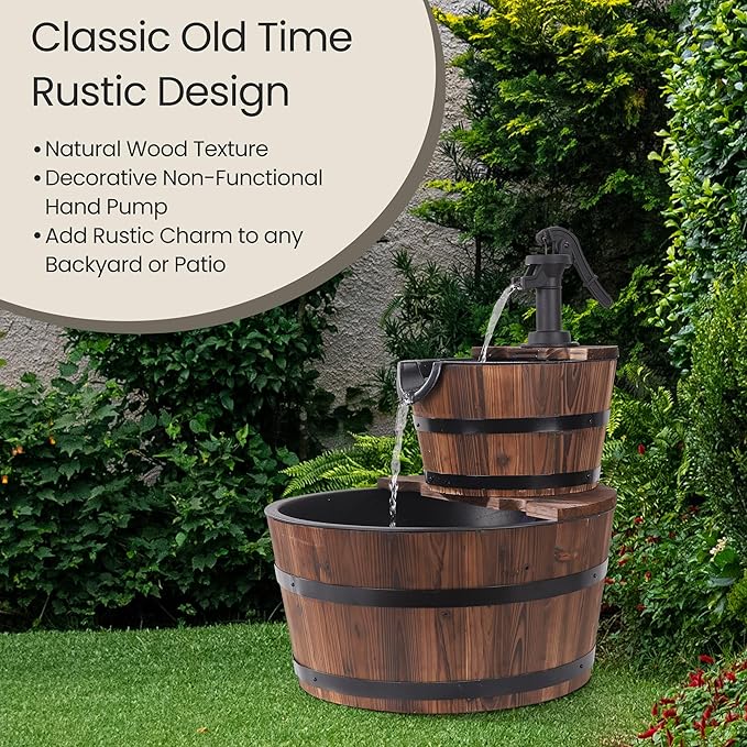Sfmora 2-Tier Barrel Fountain, 3 Gallon Rustic Cascading Waterfall Fountain, Decorative Hand Pump and Electric Pump, for Garden, Patio, Backyard, and Porch