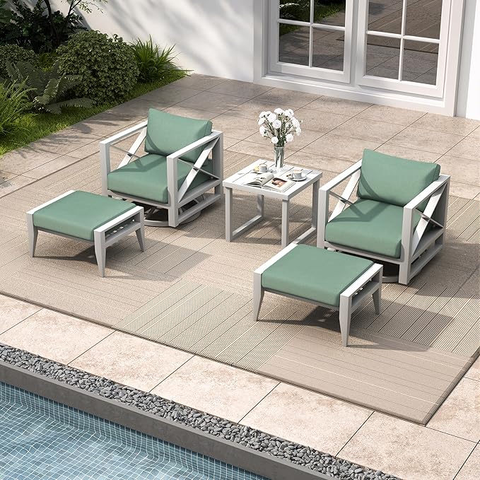 5-Piece Aluminum Outdoor Swivel Rocker Chair Set, 360° Swivel and Rocking Patio Chairs with 5.2-Inch Thick Cushions and Side Table, All-Weather Conversation Sofa for Backyard, Deck, Porch, Balcony