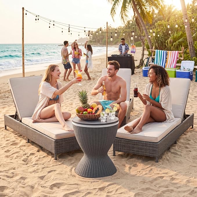 COSTWAY Outdoor Cool Bar Table, 8 Gallon Beer and Wine Cooler, Height Adjustable Rattan Style Cocktail Patio Bar Tables, 3-in-1 Ice Cooler with Drainage Plug for Deck, Pool, Party, Beach (Gray)