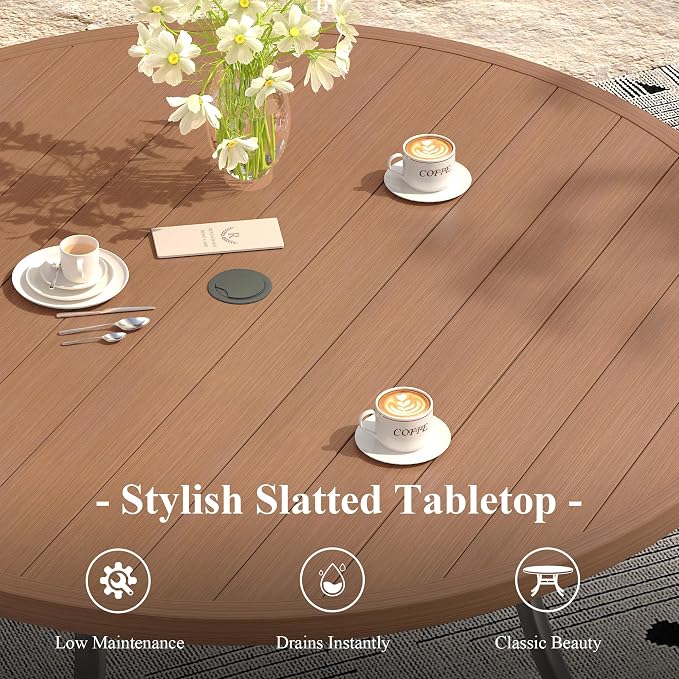 Outdoor Dining Set for 6, 50" Metal Round Outdoor Dining Table with Umbrella Hole and Sling Patio Swivel Chairs, 7 Pieces Patio Table and Chairs Set for Garden Backyard, Mixed Brown and Walnut