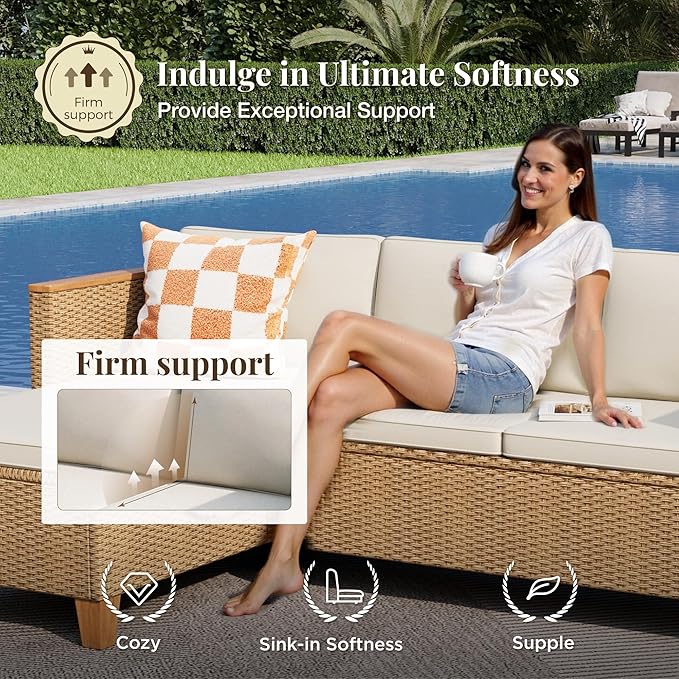 Wicker Outdoor Patio Furniture Set 3 Pieces Patio Chaise Longue Conversation Set, Rattan L-Shaped Sofa Couch with Acacia Wood Coffee Table for Deck Porch and Garden
