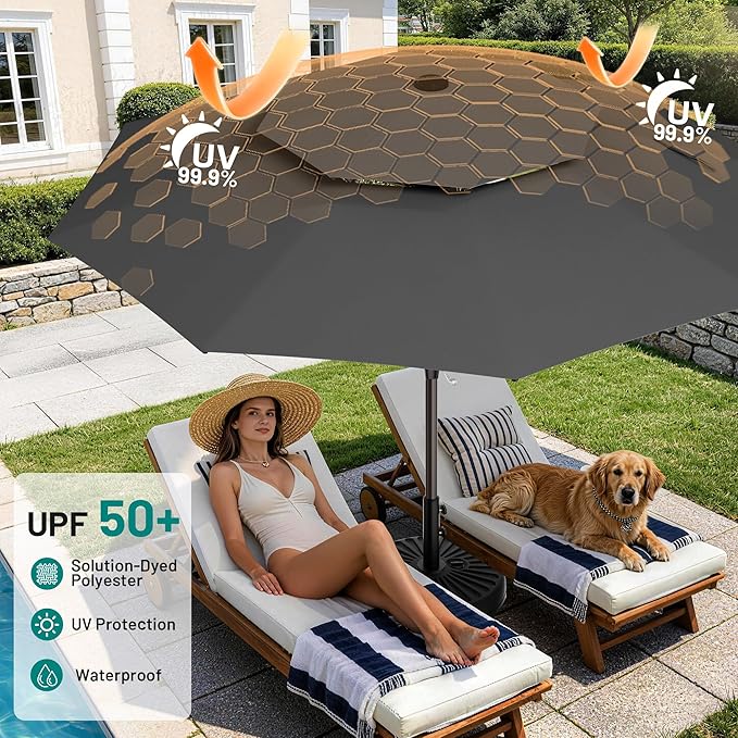 AreShark 12ft 2 Tiers Patio Umbrella - Outdoor Umbrella Waterproof UV Protection, Market Table Umbrella w/ 8 Sturdy Ribs&Crank for Pool, Porch, Garden(Black)